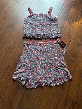 GB Girls Floral Two-Piece Crop Top & Skirt Set - Red & Blue Floral